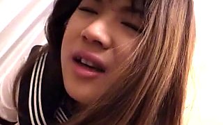 Cute Japanese schoolgirl fucked hard doggy then gets a facial
